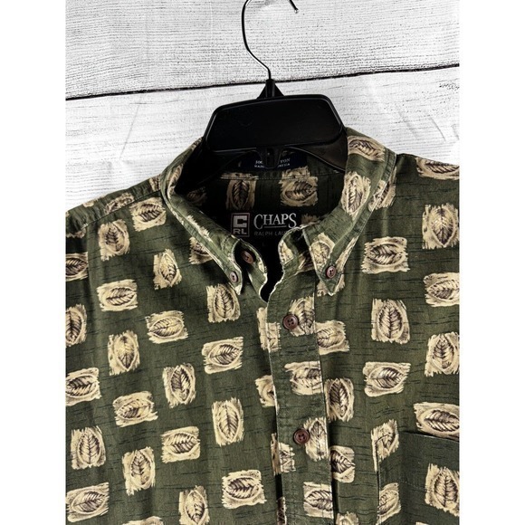 VTG Ralph Lauren Chaps Large Shirt Button Down Long Sleeve Green Leaves Nature - Picture 2 of 9